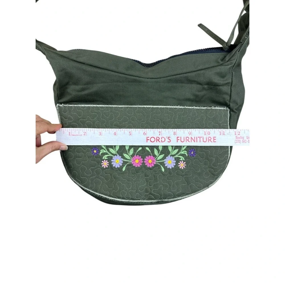 Handmade Artisan Canvas Hobo Bag Olive Green Quilted Floral Fiber Art‎ Slouchy